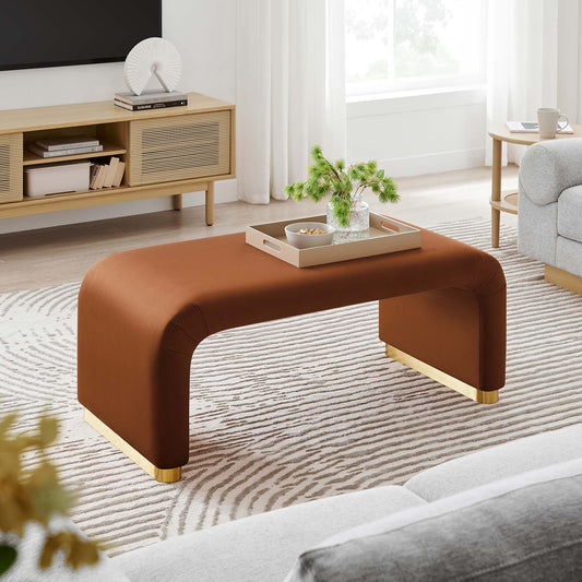 Kaela Upholstered Velvet Ottoman, Gold & Terracotta