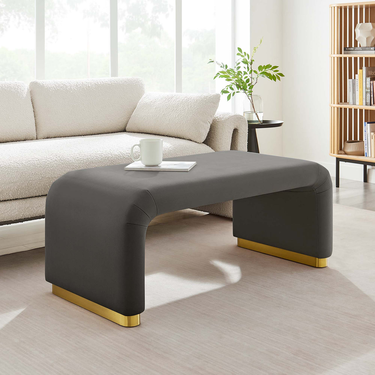 Kaela Upholstered Velvet Ottoman, Gold & Charcoal