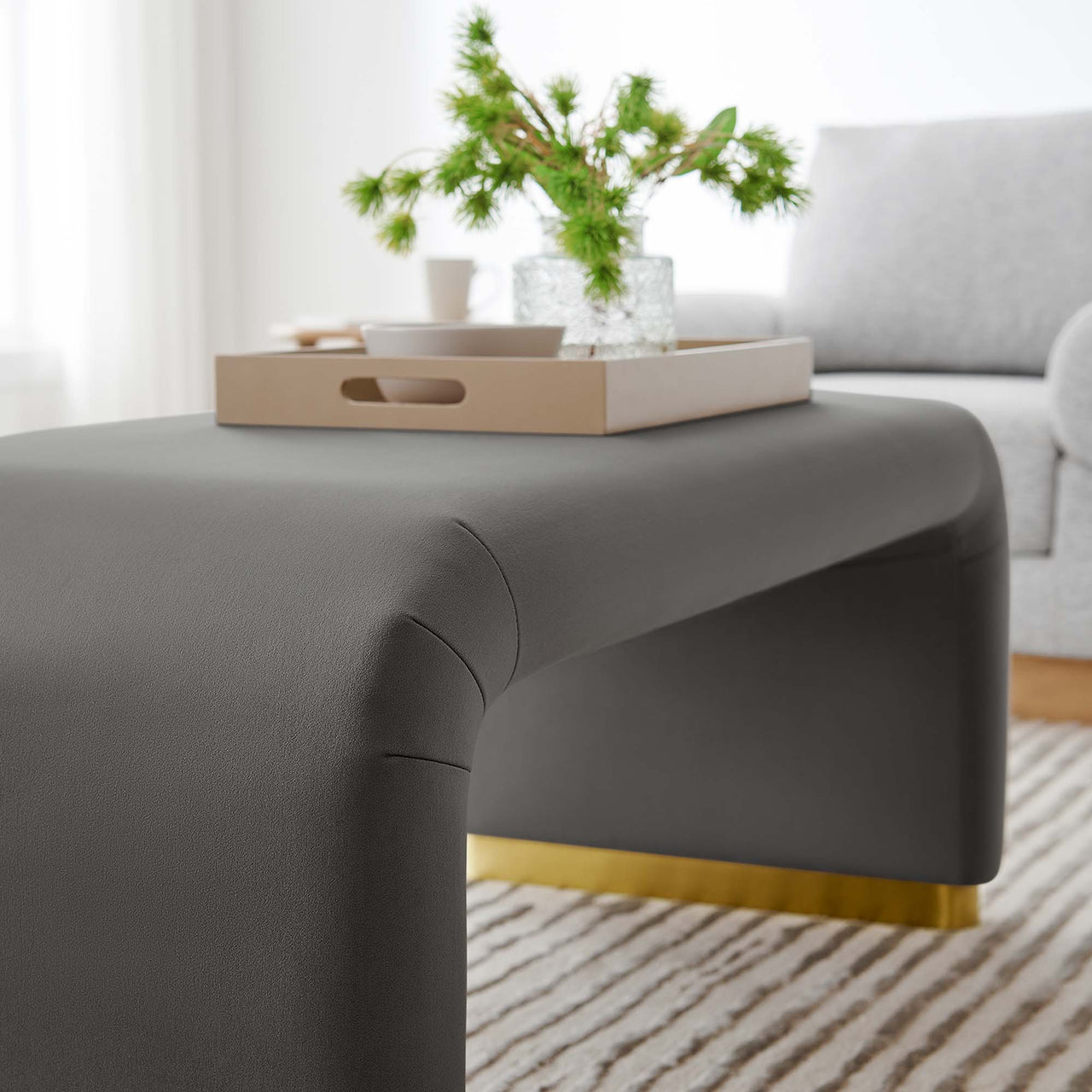Kaela Upholstered Velvet Ottoman, Gold & Charcoal
