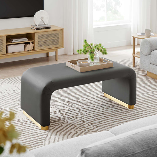 Kaela Upholstered Velvet Ottoman, Gold & Charcoal