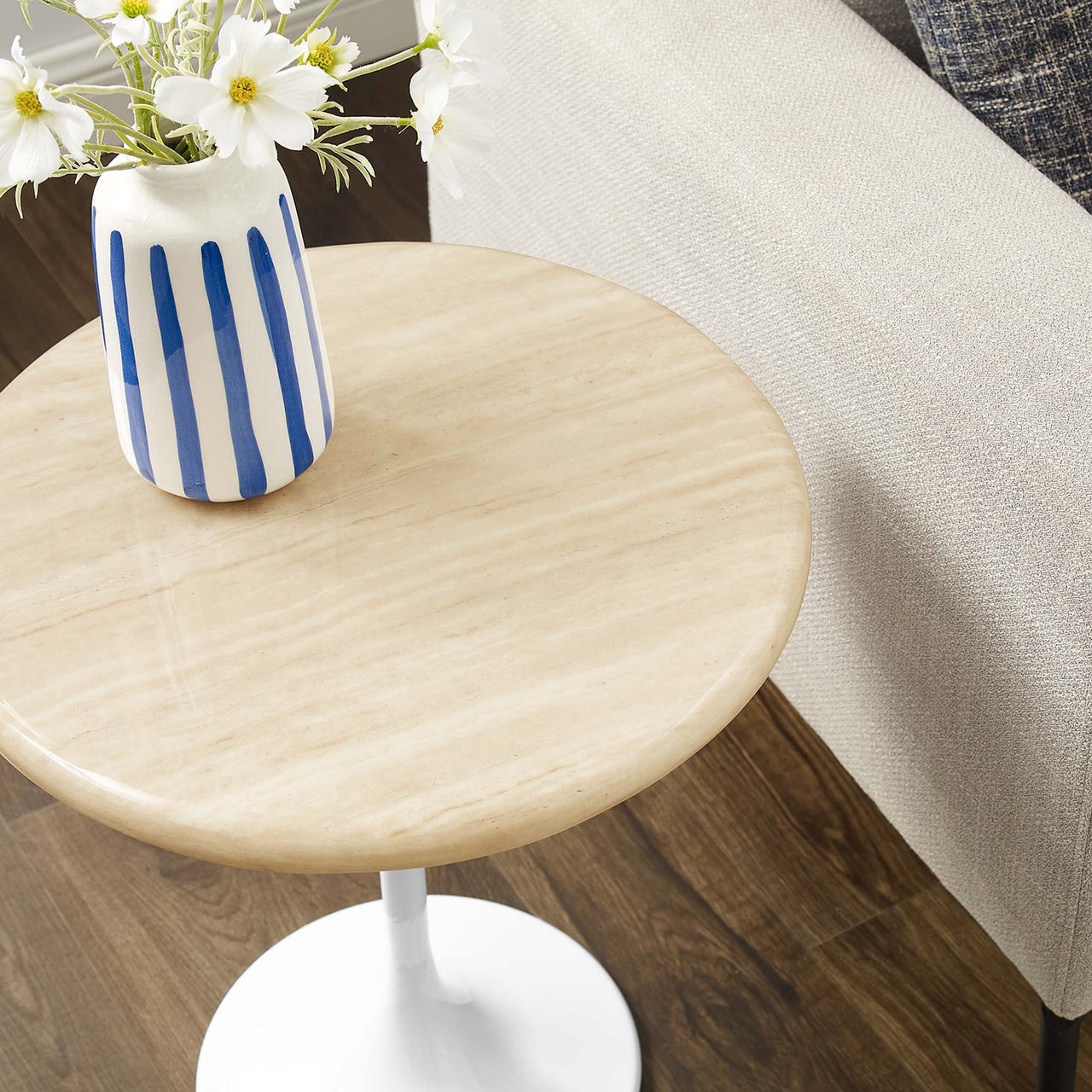 Ensemble Round Faux Travertine Side Table, White & Travertine