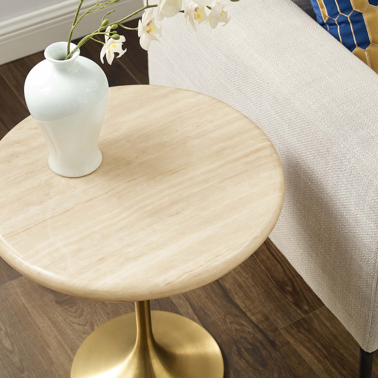 Ensemble Round Faux Travertine Side Table, Gold & Travertine