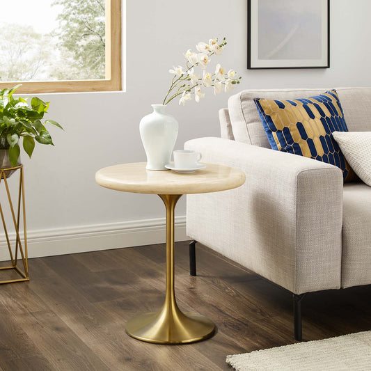 Ensemble Round Faux Travertine Side Table, Gold & Travertine