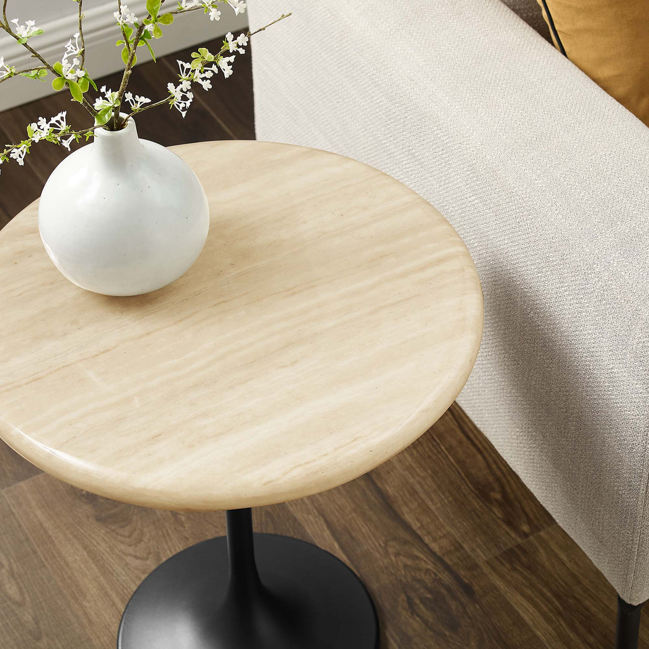 Ensemble Round Faux Travertine Side Table, Black & Travertine