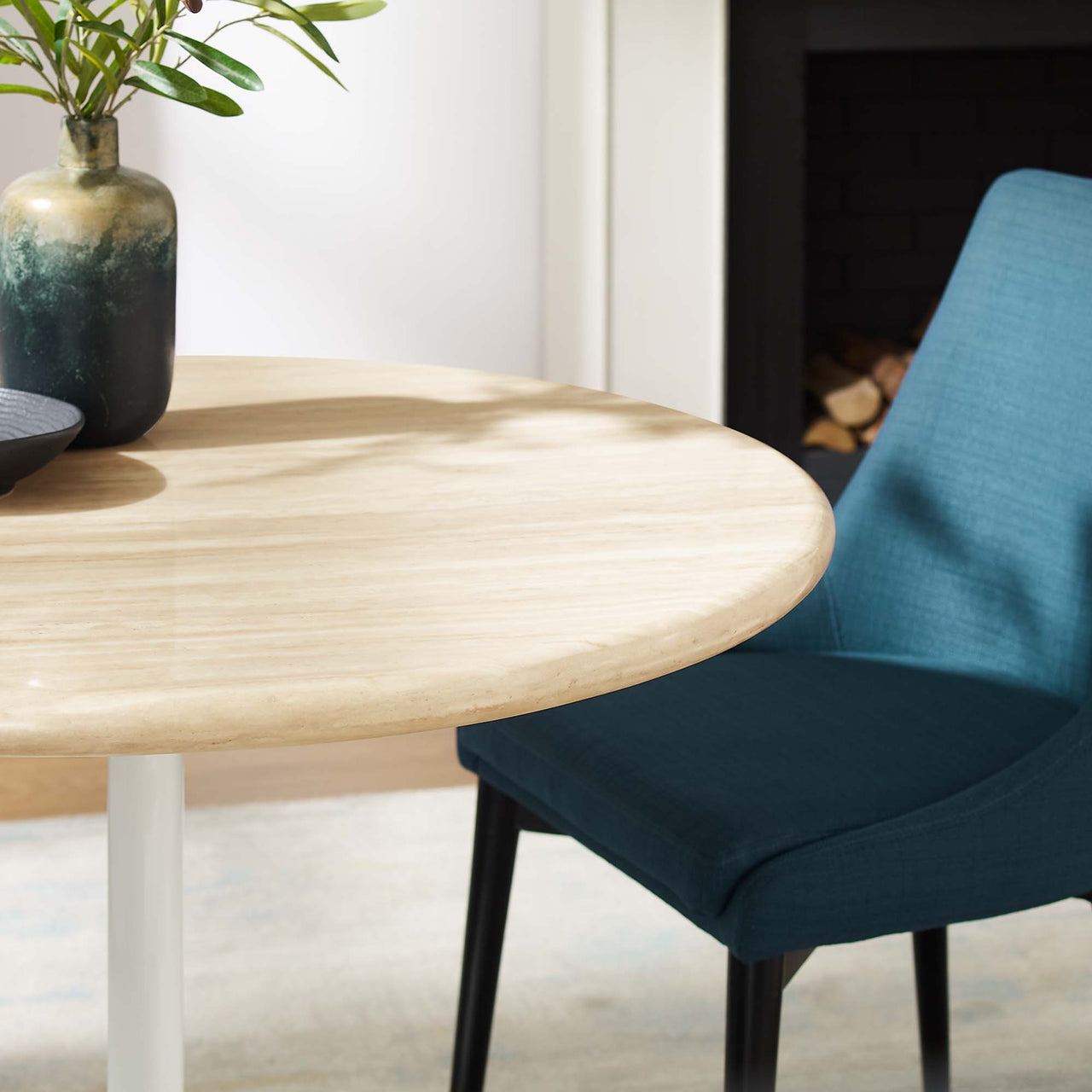 Ensemble Round Faux Travertine Dining Table, Small, White & Travertine