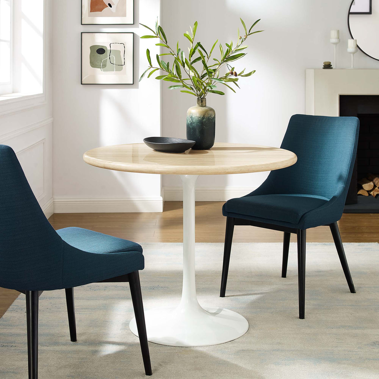 Ensemble Round Faux Travertine Dining Table, Small, White & Travertine