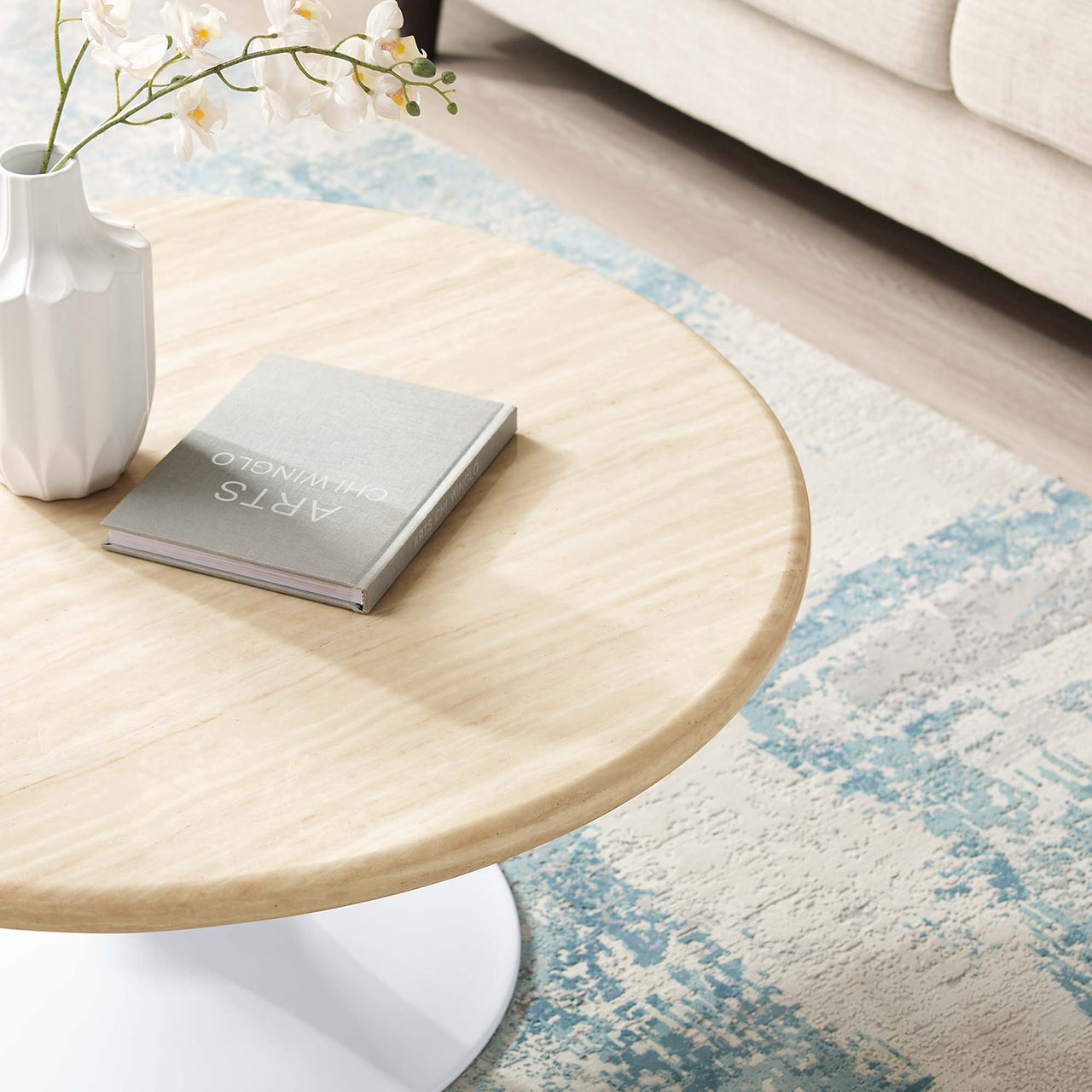 Ensemble Round Faux Travertine Coffee Table, Medium, White & Travertine