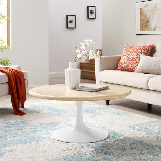 Ensemble Round Faux Travertine Coffee Table, Medium, White & Travertine