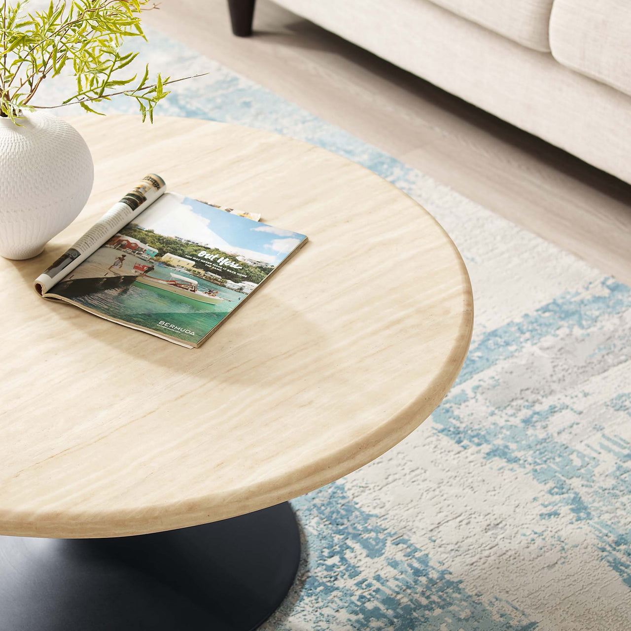 Ensemble Round Faux Travertine Coffee Table, Medium, Black & Travertine