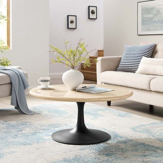 Ensemble Round Faux Travertine Coffee Table, Medium, Black & Travertine