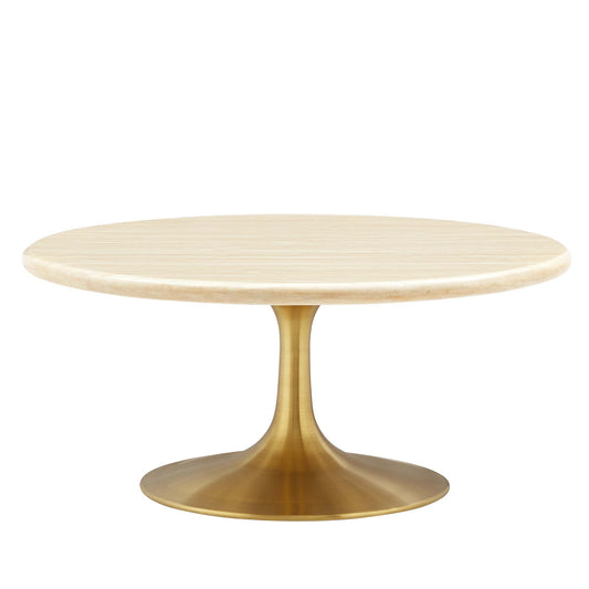 Lippa 36” Round Faux Travertine Coffee Table, Gold & Travertine