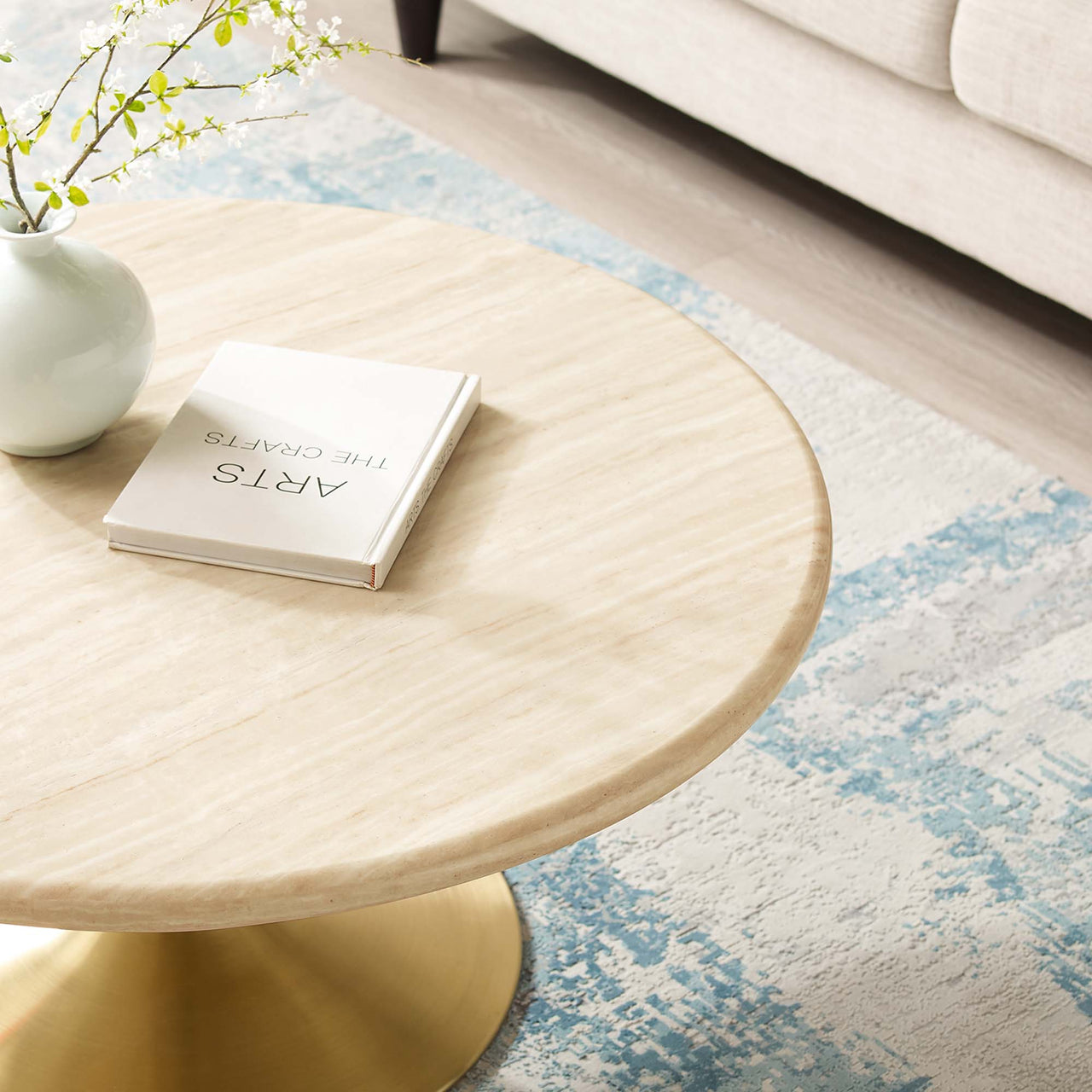 Ensemble Round Faux Travertine Coffee Table, Medium, Gold & Travertine