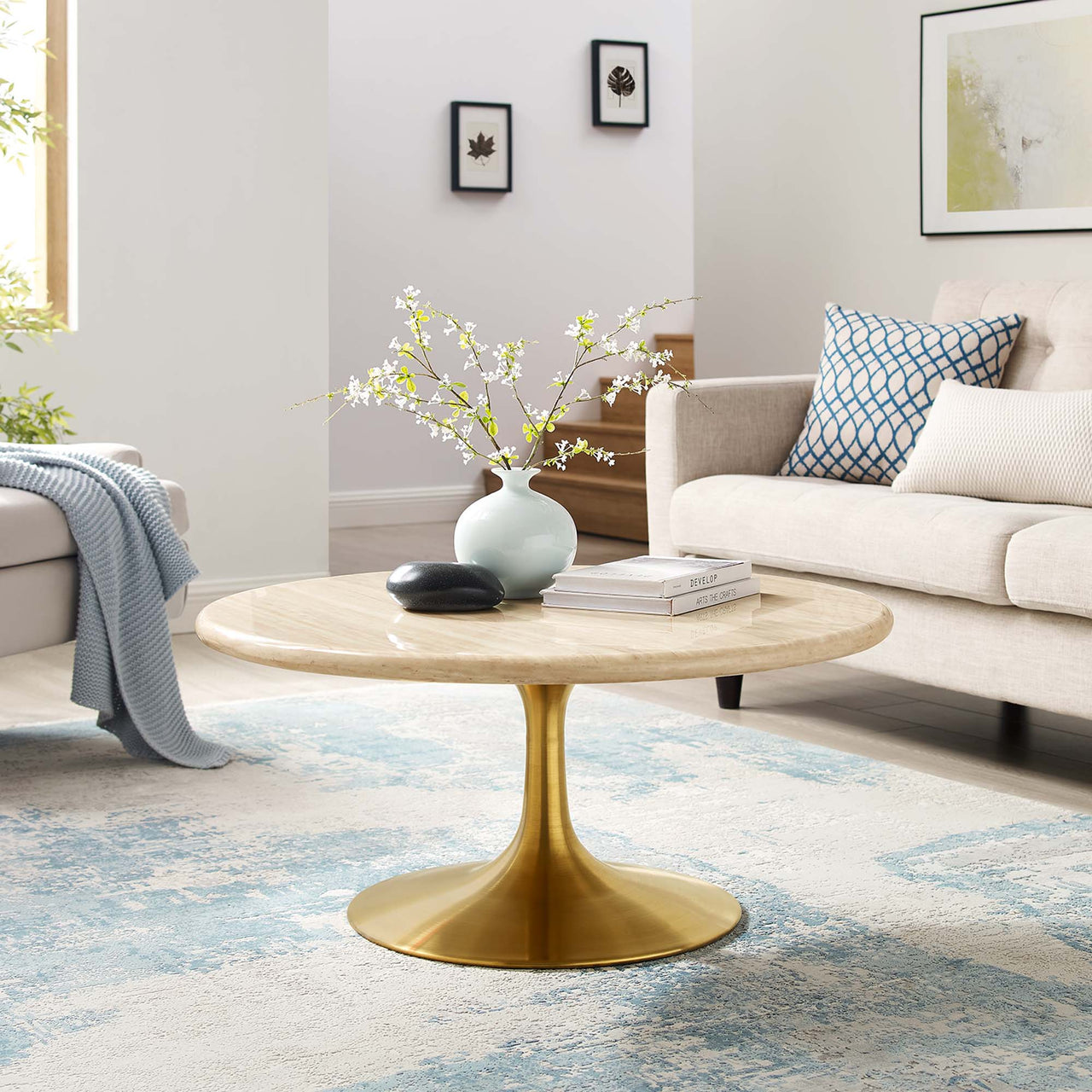 Ensemble Round Faux Travertine Coffee Table, Medium, Gold & Travertine