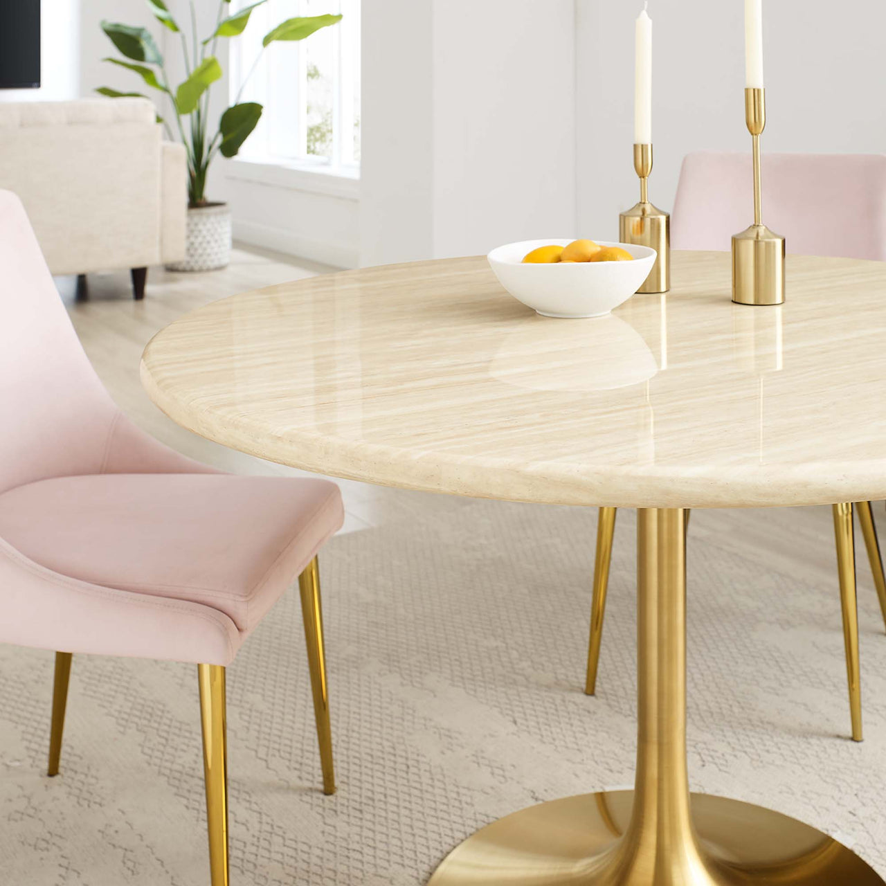 Ensemble Round Faux Travertine Dining Table, Large, Gold & Travertine