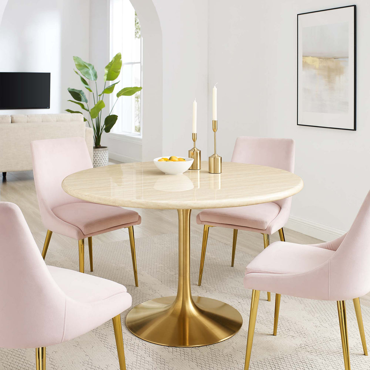 Ensemble Round Faux Travertine Dining Table, Large, Gold & Travertine