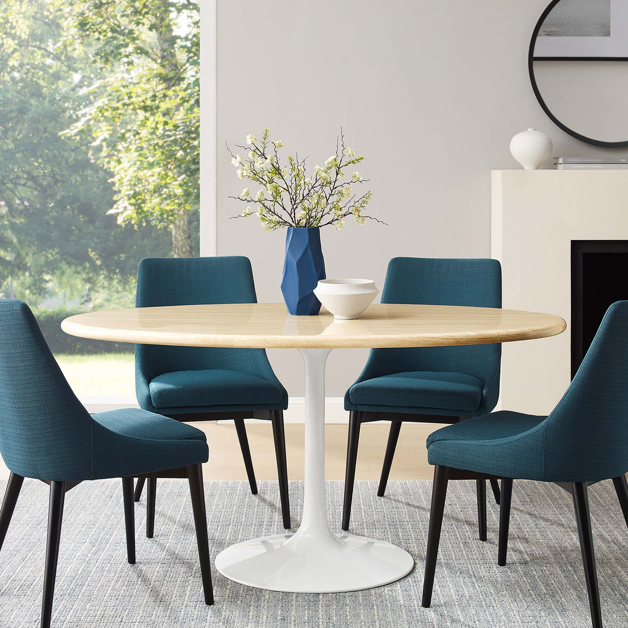 Ensemble Oval Faux Travertine Dining Table, Large, White & Travertine