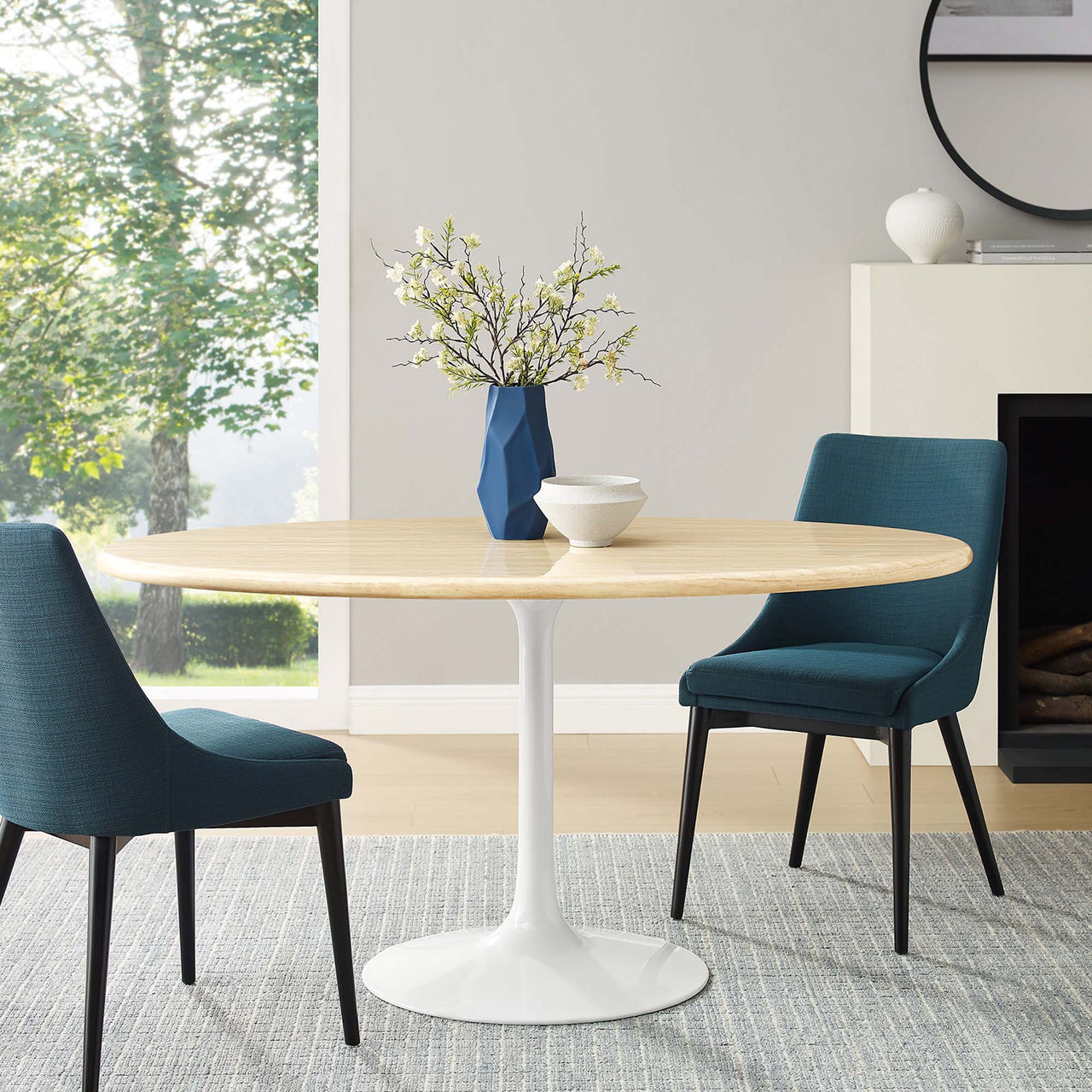 Ensemble Oval Faux Travertine Dining Table, Large, White & Travertine