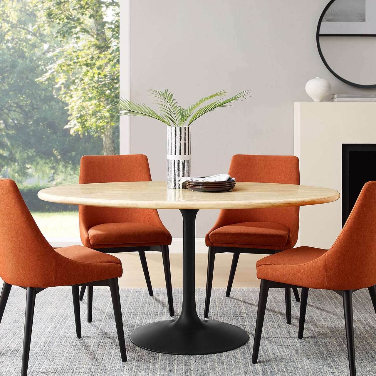 Ensemble Oval Faux Travertine Dining Table, Large, Black & Travertine