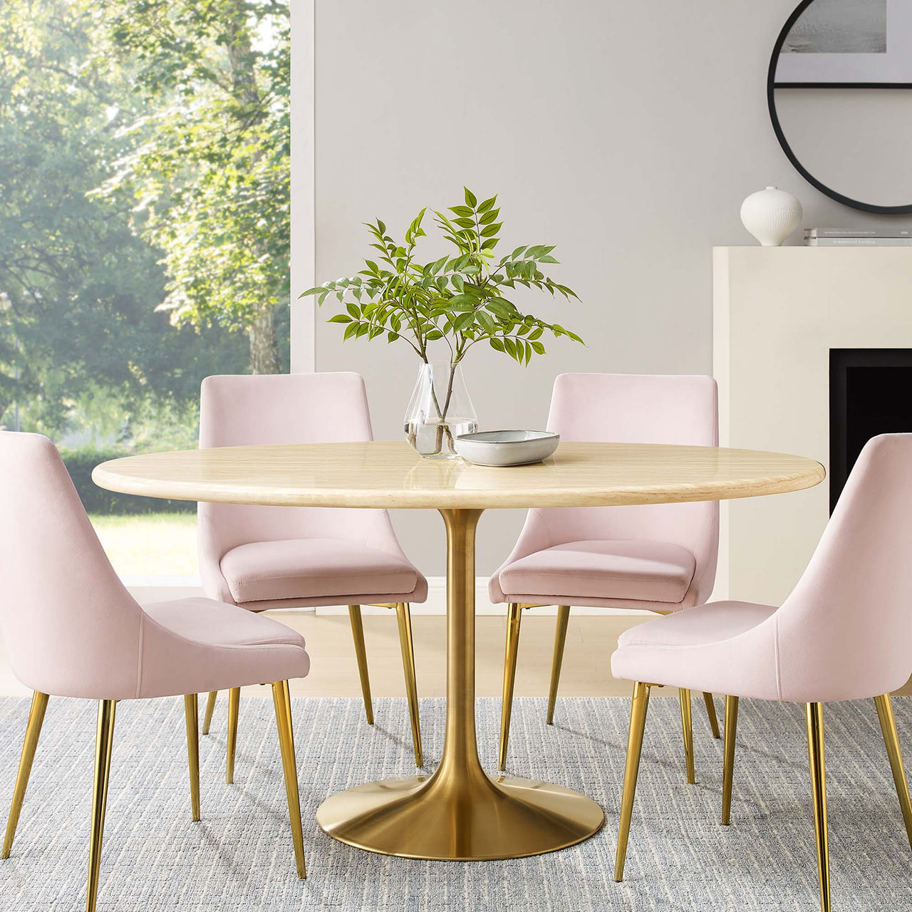 Ensemble Oval Faux Travertine Dining Table, Large, Gold & Travertine