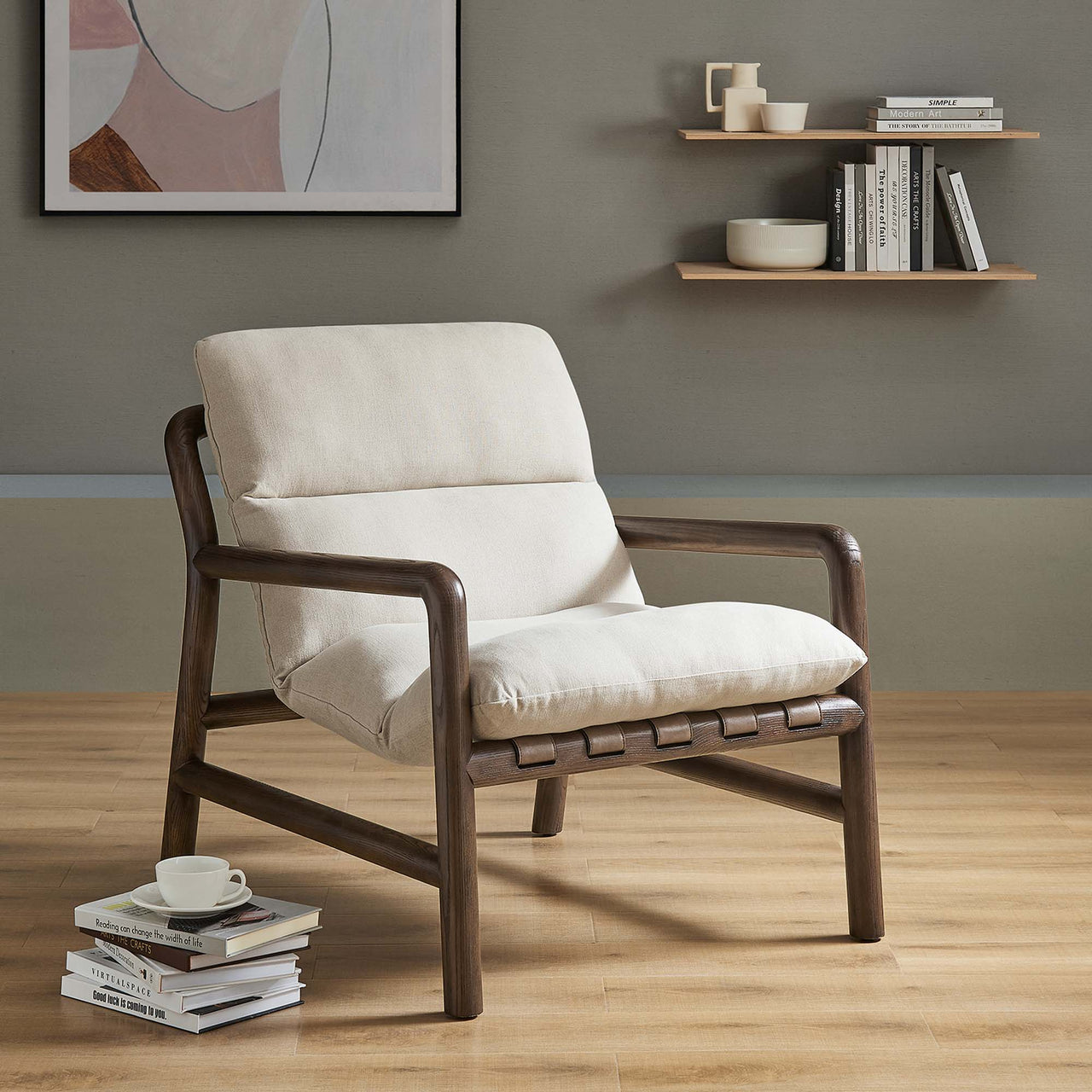 Azmara Sling Chair, Beige & Walnut