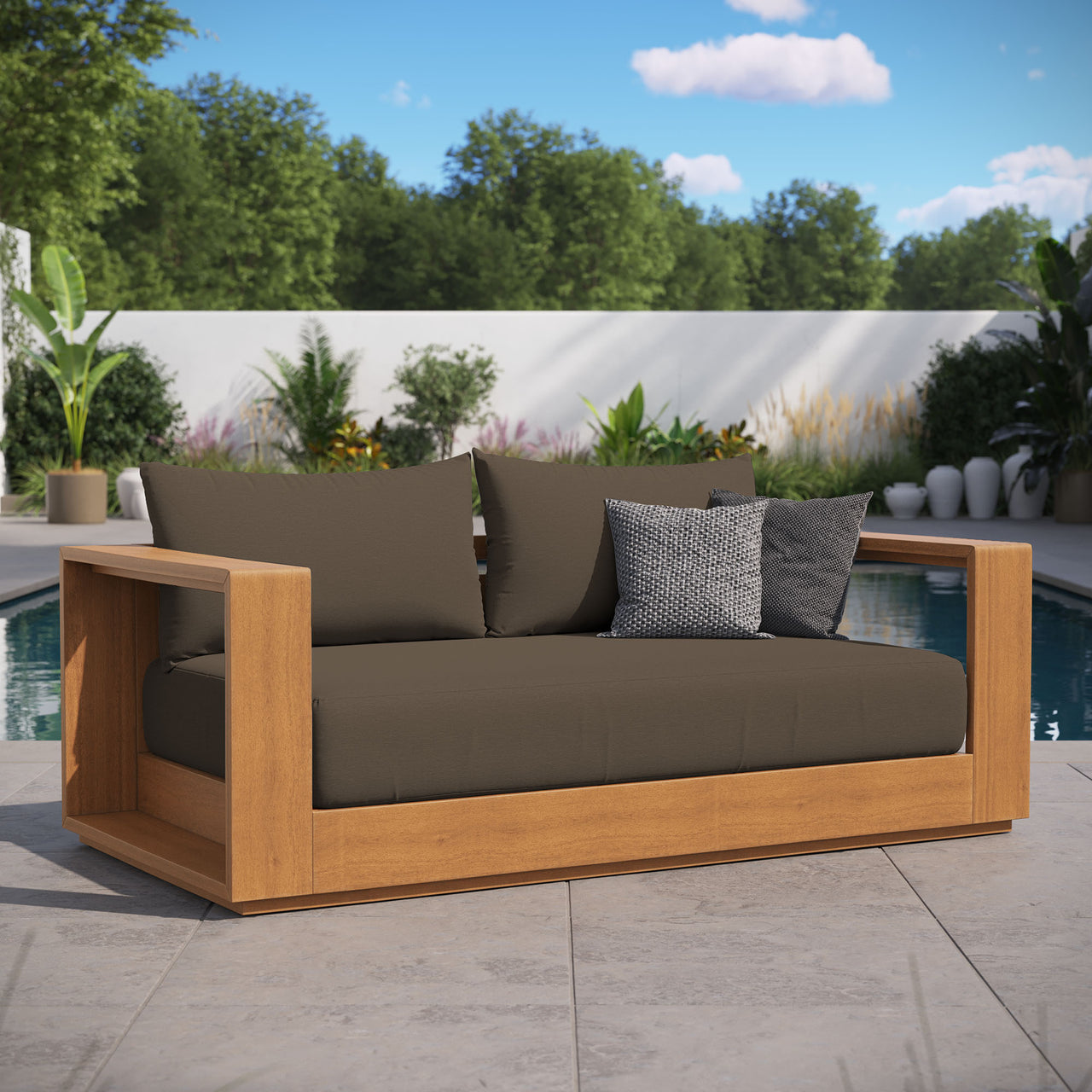 Tahlor Acacia Wood Alfresco Acacia Wood Loveseat, Natural Wood & Cocoa