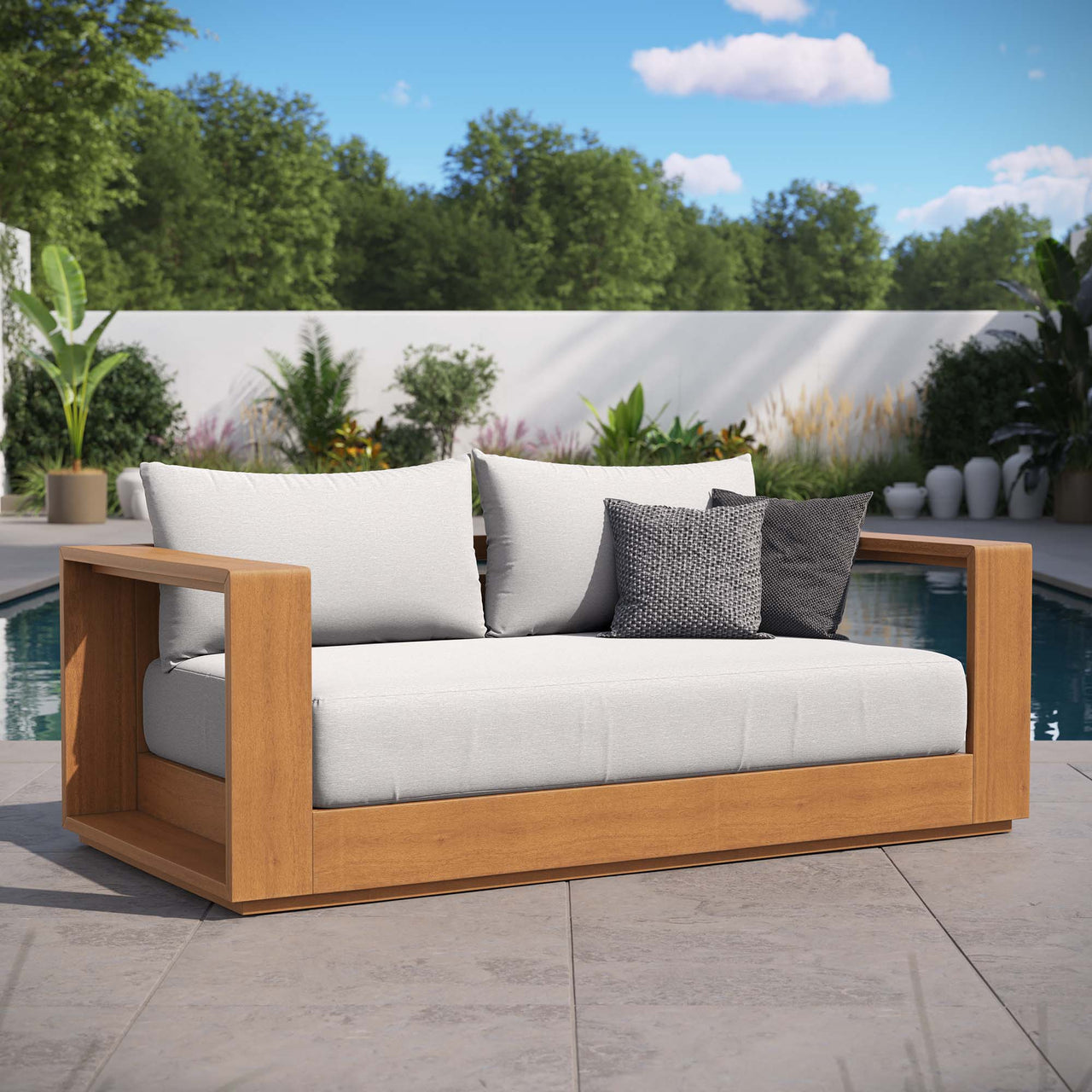 Tahlor Acacia Wood Alfresco Acacia Wood Loveseat, Natural Wood & Light Gray