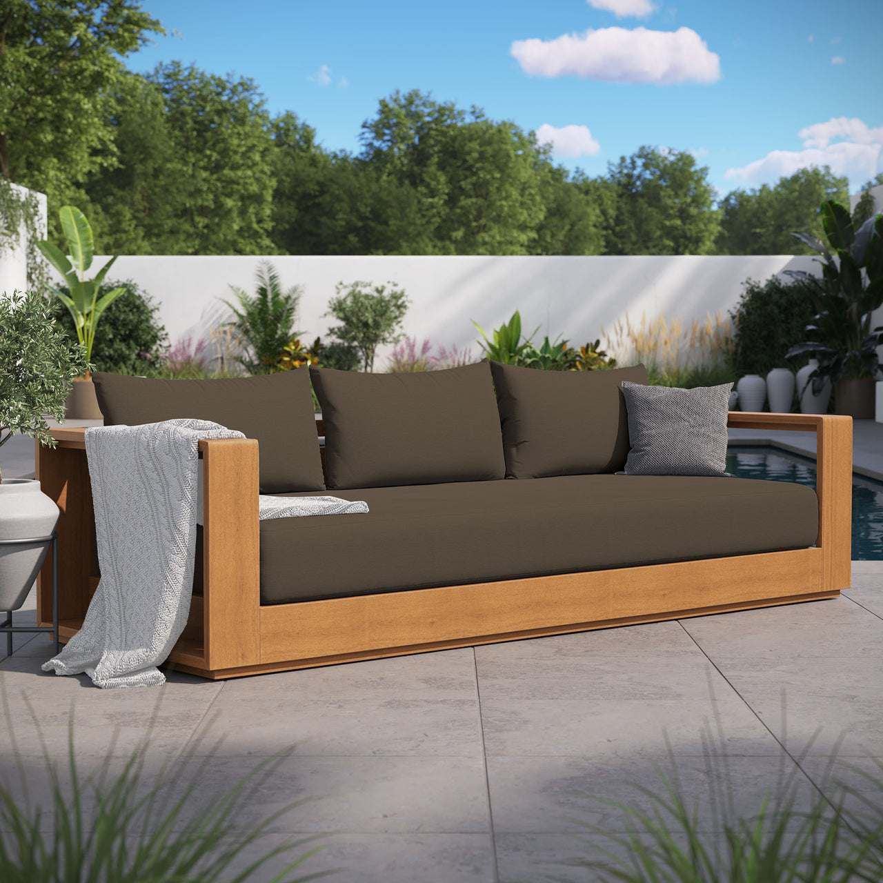 Tahlor Alfresco Acacia Wood Sofa, Natural Wood & Cocoa