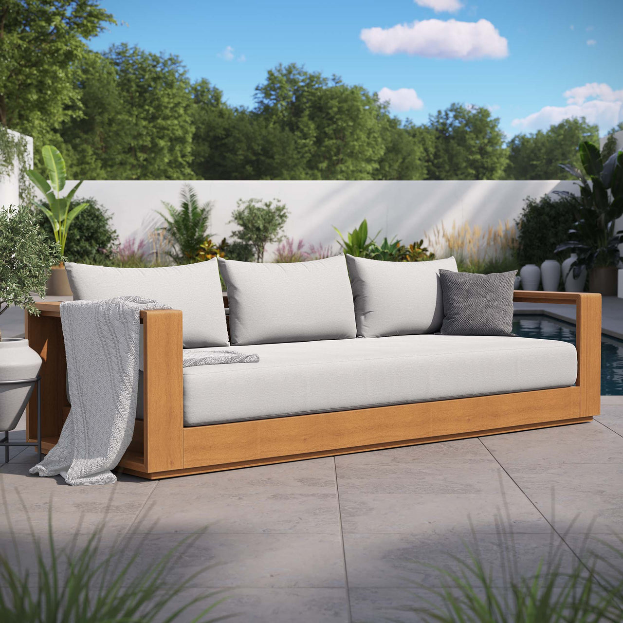 Tahlor Alfresco Acacia Wood Sofa, Natural Wood & Light Gray