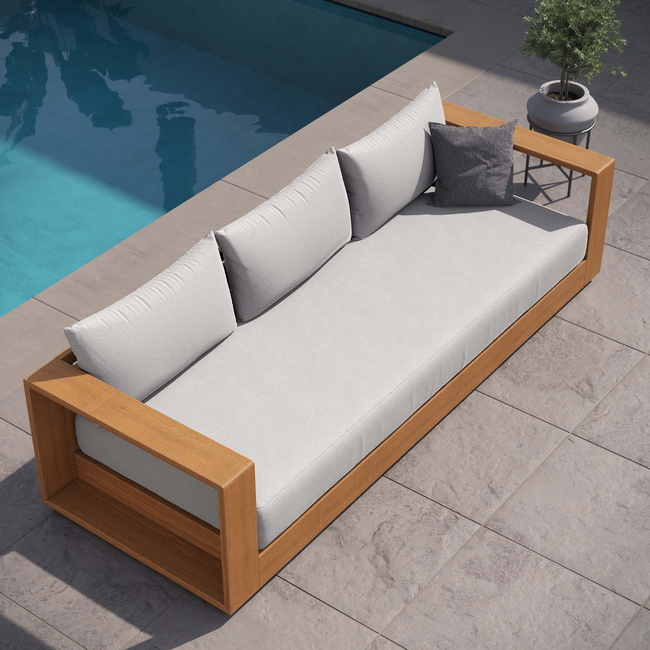 Tahlor Alfresco Acacia Wood Sofa, Natural Wood & Light Gray