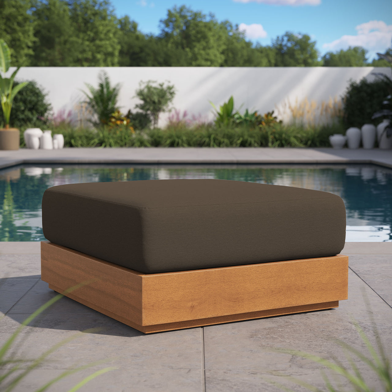 Tahlor Alfresco Acacia Wood Ottoman, Natural Wood & Cocoa