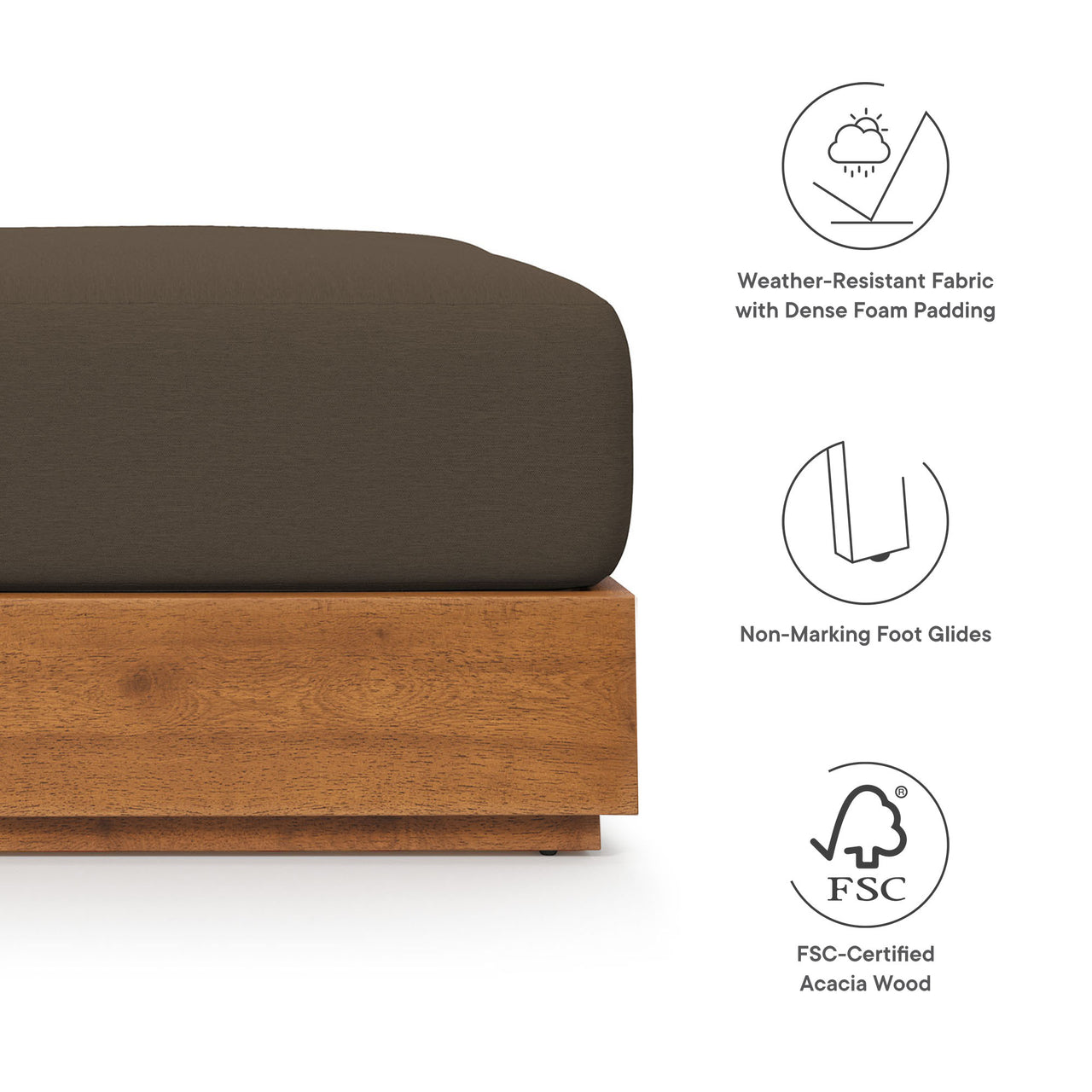Tahlor Alfresco Acacia Wood Ottoman, Natural Wood & Cocoa