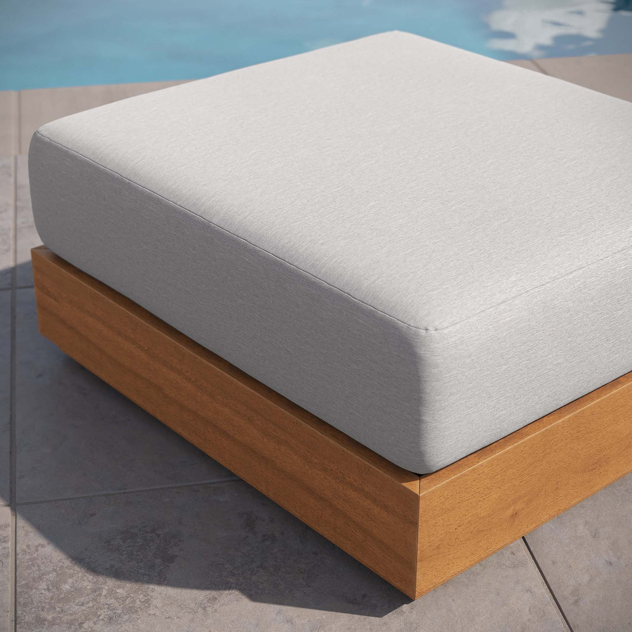 Tahlor Alfresco Acacia Wood Ottoman, Natural Wood & Light Gray
