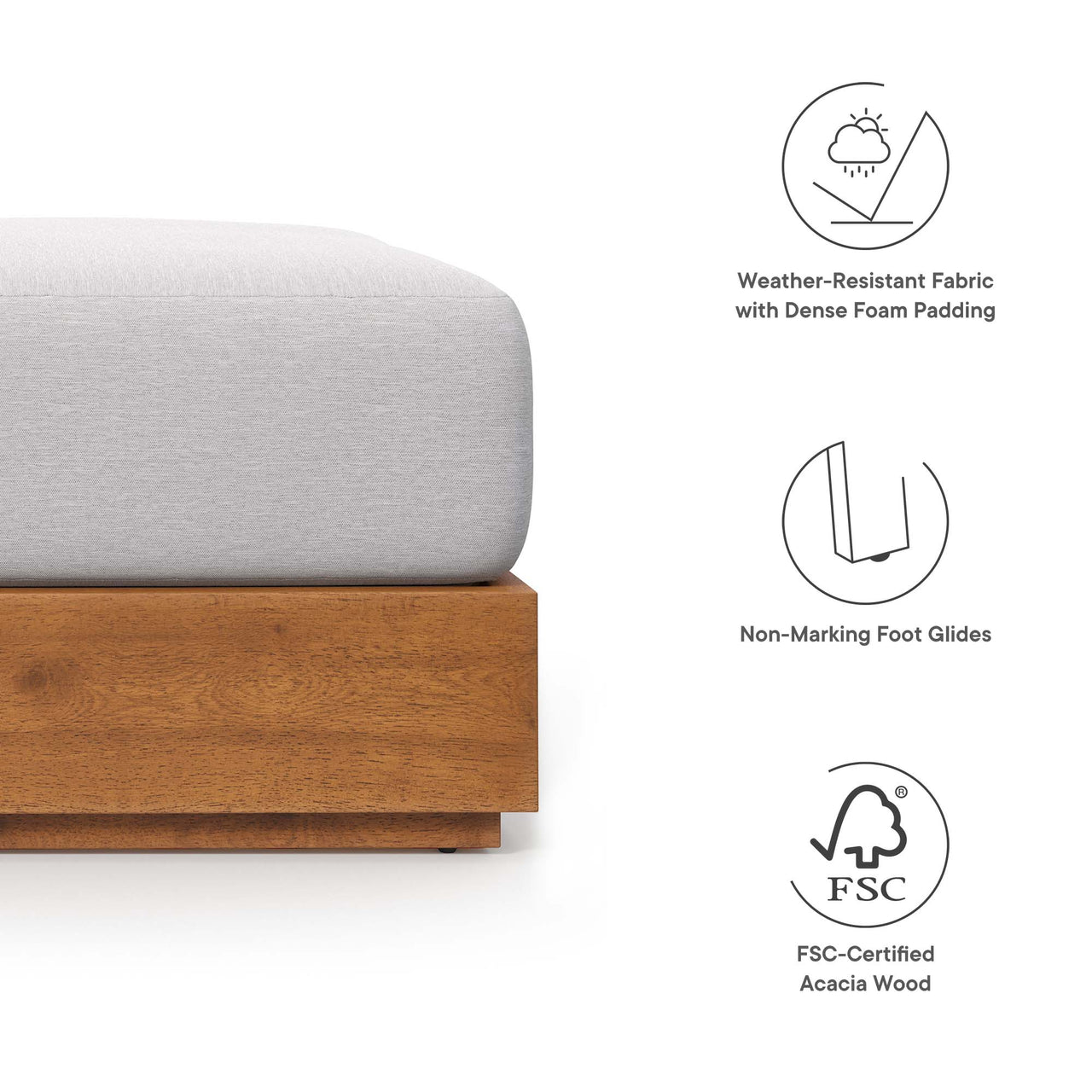 Tahlor Alfresco Acacia Wood Ottoman, Natural Wood & Light Gray