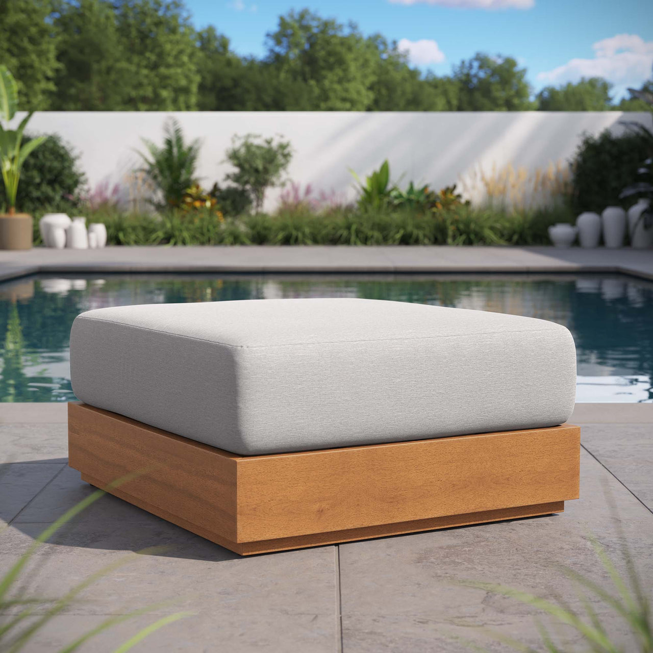Tahlor Alfresco Acacia Wood Ottoman, Natural Wood & Light Gray