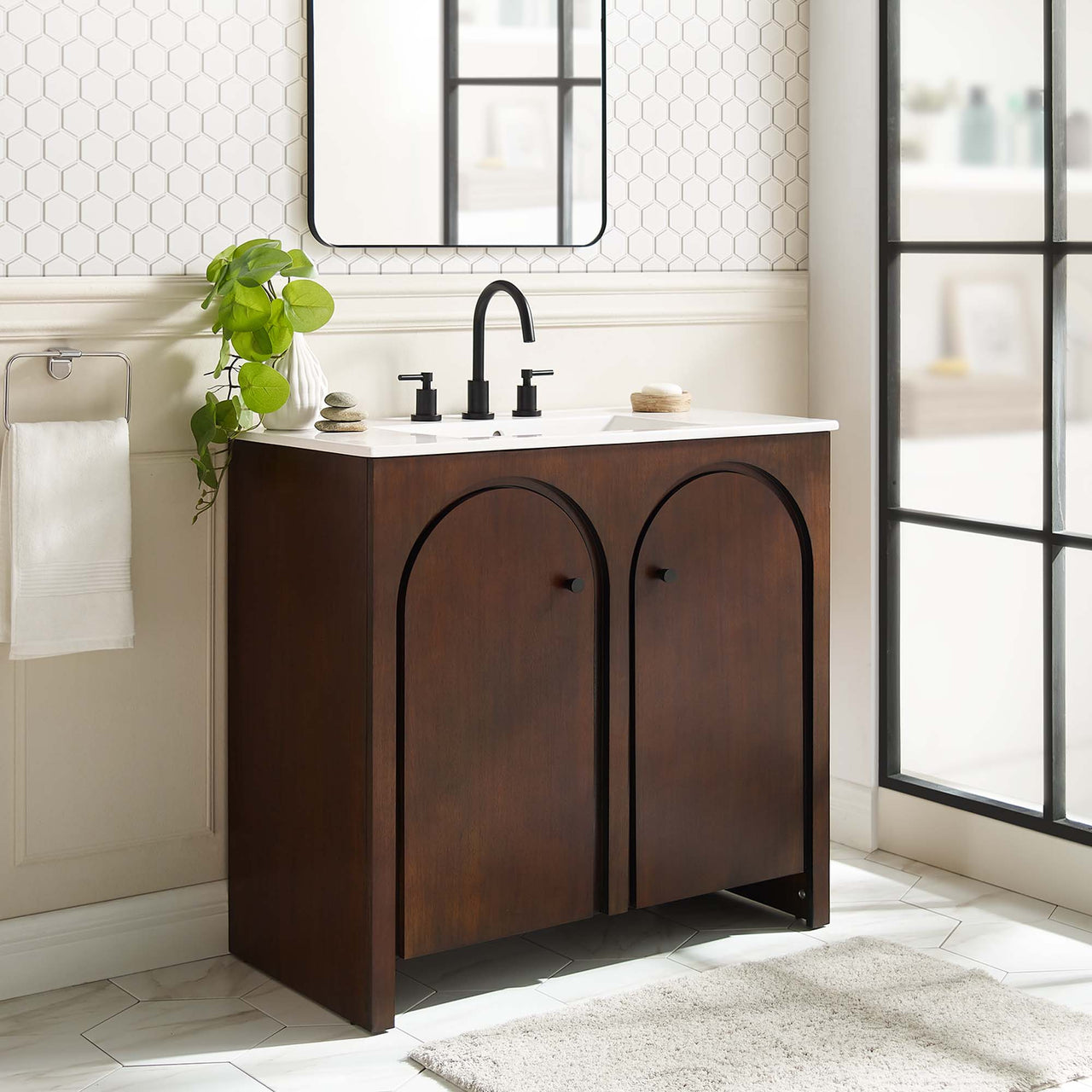 Revina Arched Vanity Unit, Large, Walnut & White