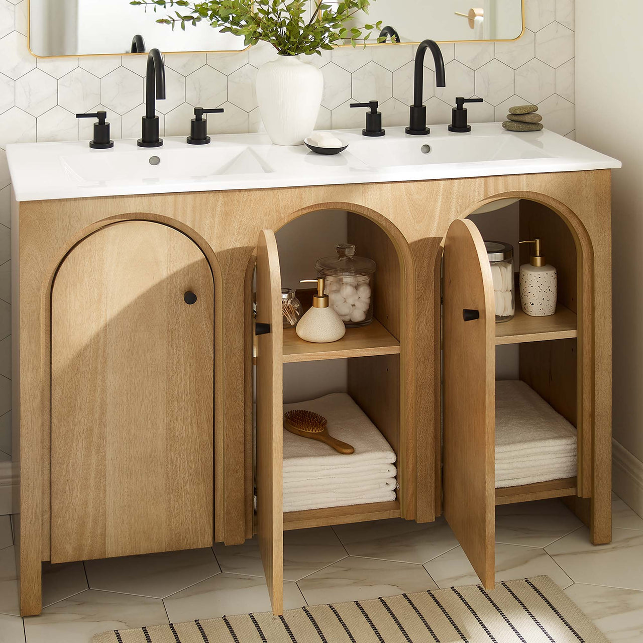 Revina Arched Double Sink Vanity Unit, Extra Large, Oak & White
