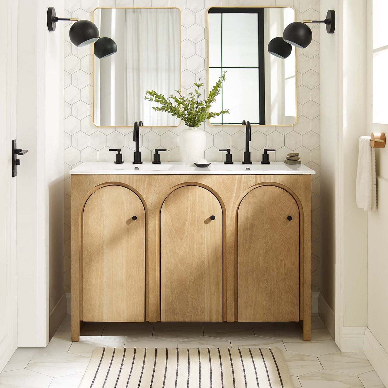 Revina Arched Double Sink Vanity Unit, Extra Large, Oak & White