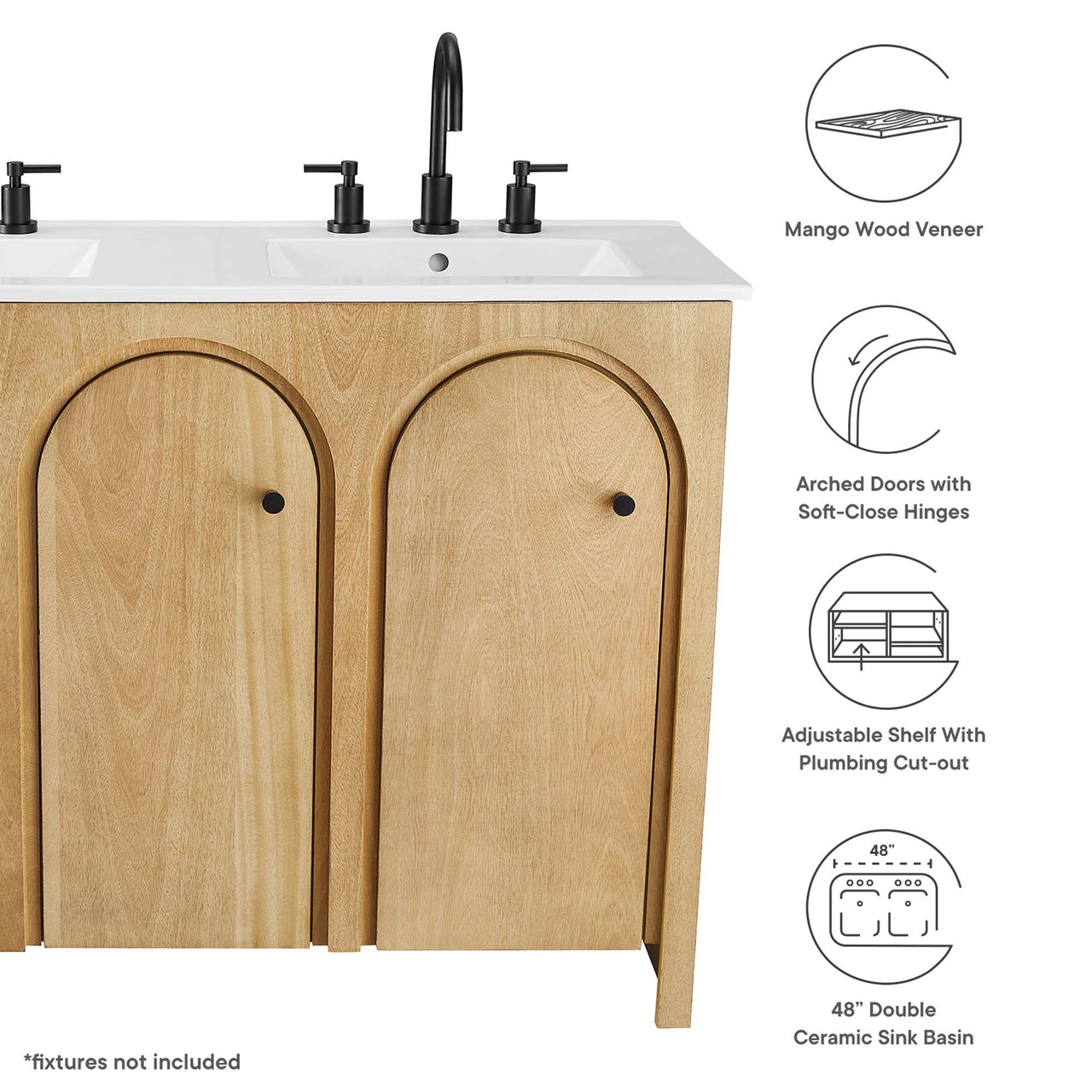 Revina Arched Double Sink Vanity Unit, Extra Large, Oak & White