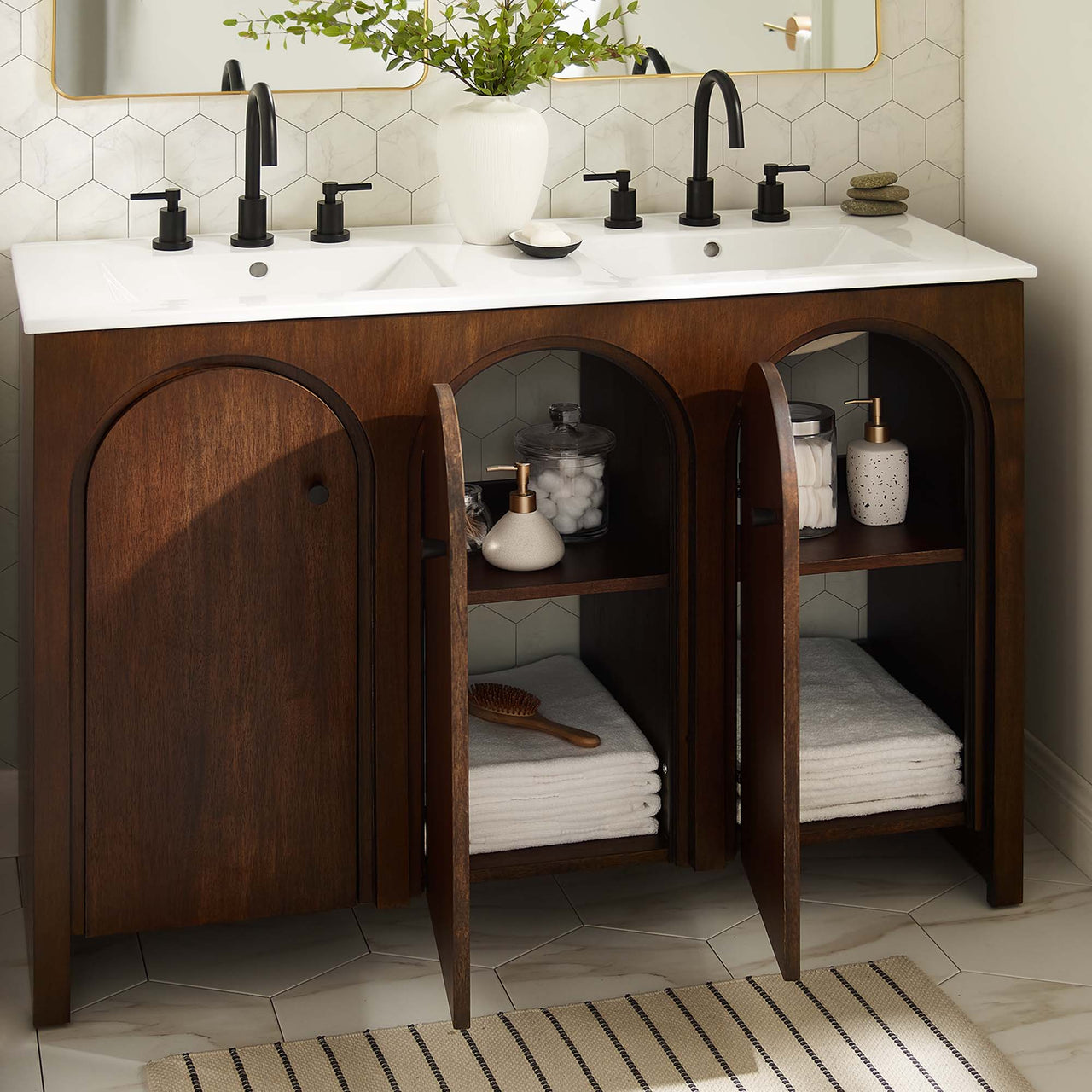 Revina Arched Double Sink Vanity Unit, Extra Large, Walnut & White