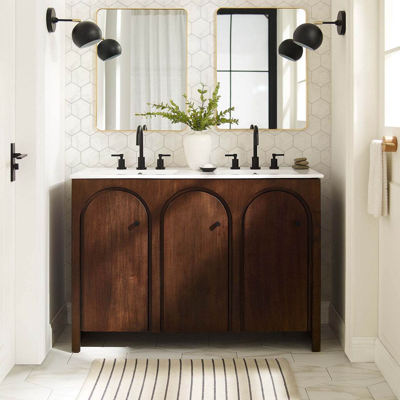 Revina Arched Double Sink Vanity Unit, Extra Large, Walnut & White