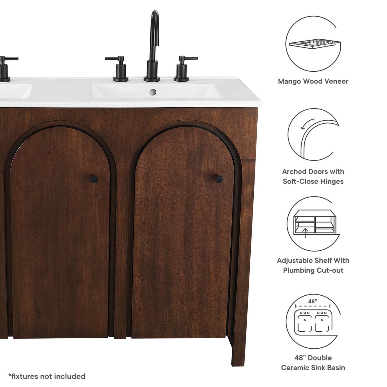 Revina Arched Double Sink Vanity Unit, Extra Large, Walnut & White