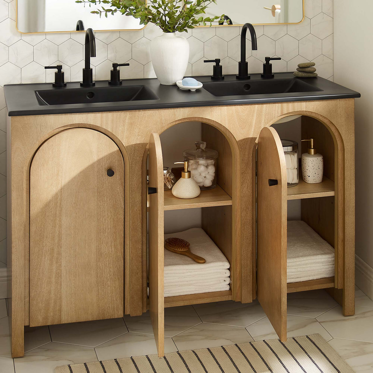 Revina Arched Double Sink Vanity Unit, Extra Large, Oak & Black