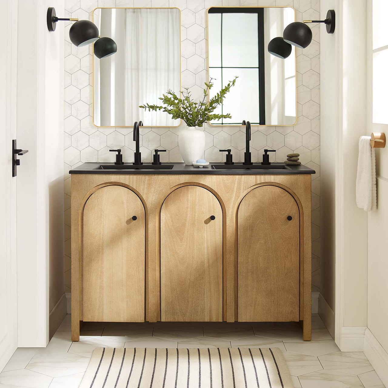 Revina Arched Double Sink Vanity Unit, Extra Large, Oak & Black