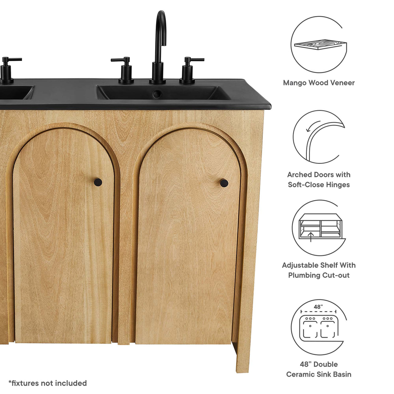Revina Arched Double Sink Vanity Unit, Extra Large, Oak & Black