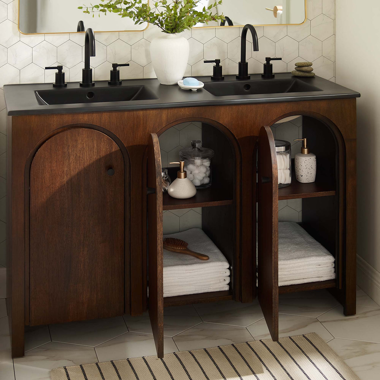 Revina Arched Double Sink Vanity Unit, Extra Large, Walnut & Black