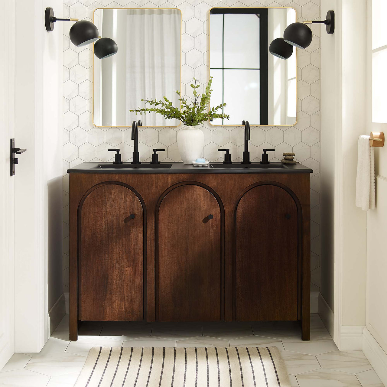 Revina Arched Double Sink Vanity Unit, Extra Large, Walnut & Black