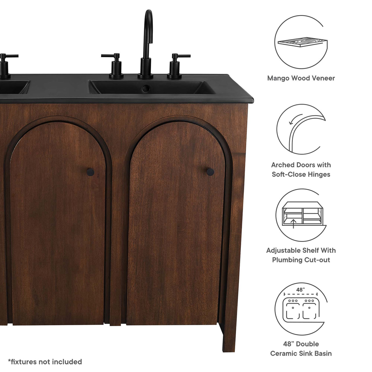 Revina Arched Double Sink Vanity Unit, Extra Large, Walnut & Black