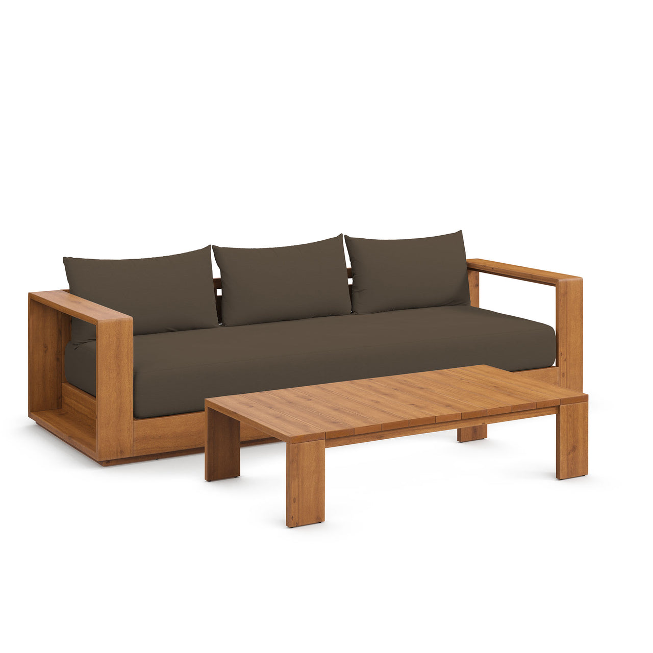 Tahlor 2-Piece Alfresco Acacia Wood Sofa and Coffee Table Set, Natural Wood & Cocoa