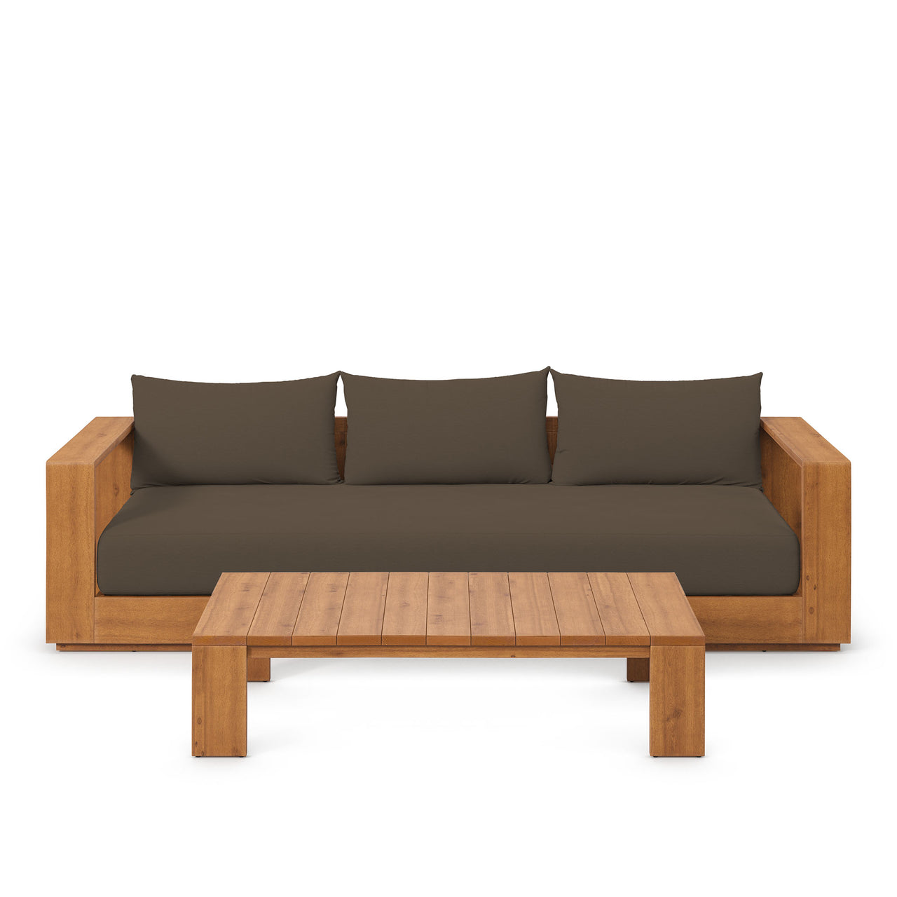 Tahlor 2-Piece Alfresco Acacia Wood Sofa and Coffee Table Set, Natural Wood & Cocoa