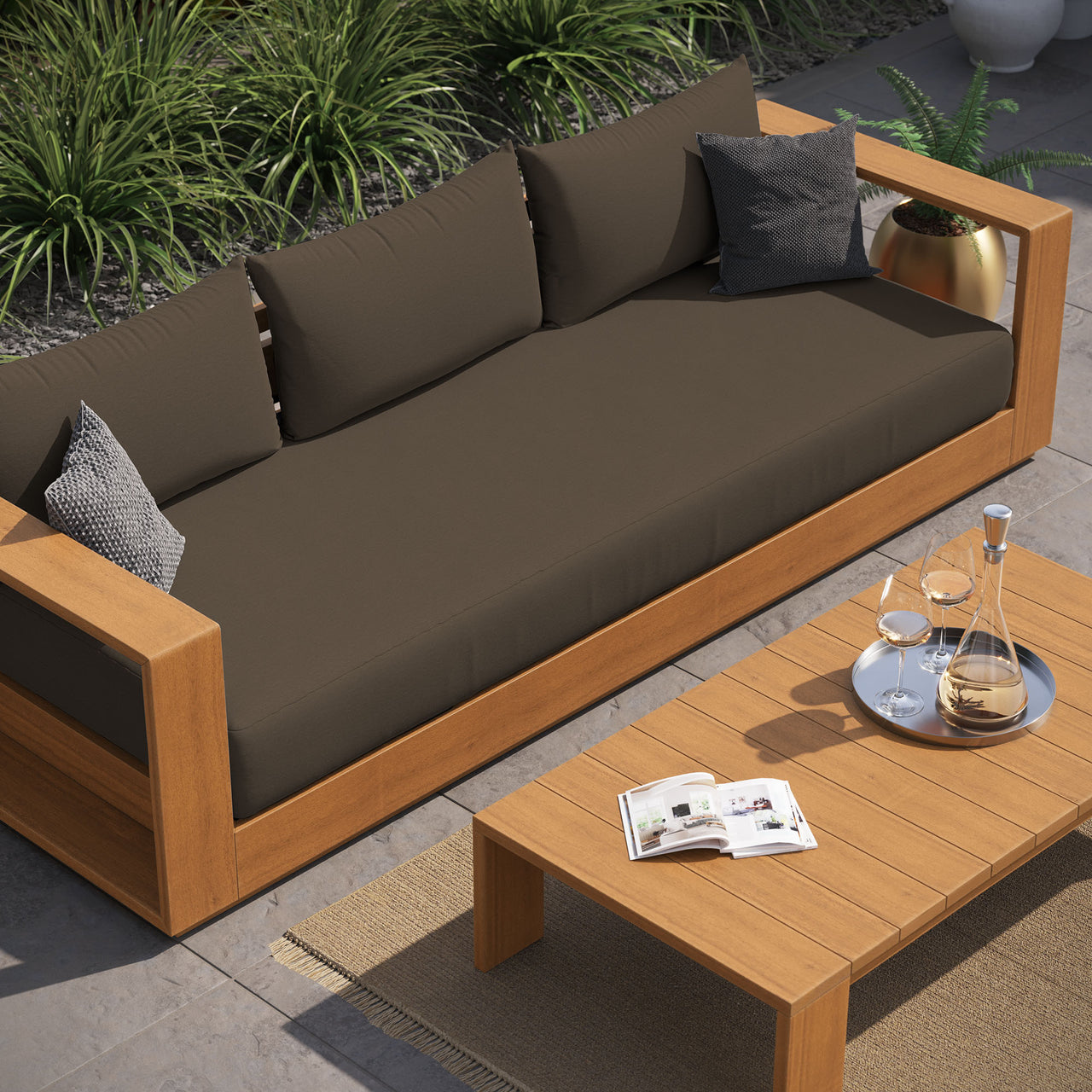 Tahlor 2-Piece Alfresco Acacia Wood Sofa and Coffee Table Set, Natural Wood & Cocoa